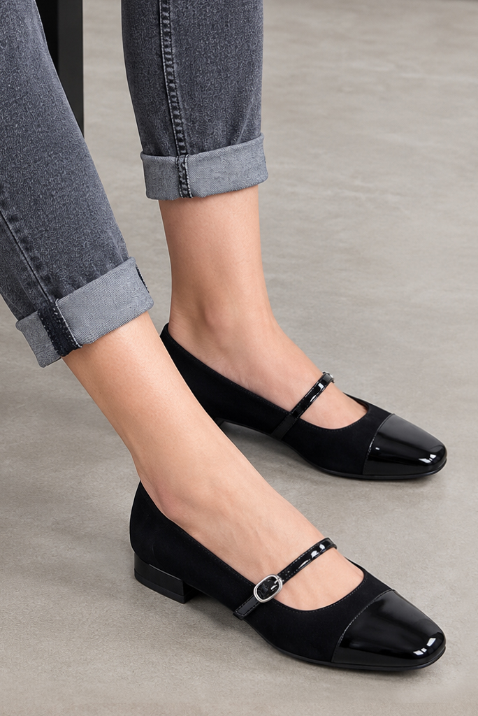 Women's jet black and pitch black low-heel ballet flats with square toe and low block heel - Worn view